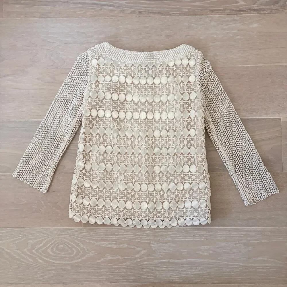 Tory Burch Crochet Bateau Neckline Top Cream sz 4